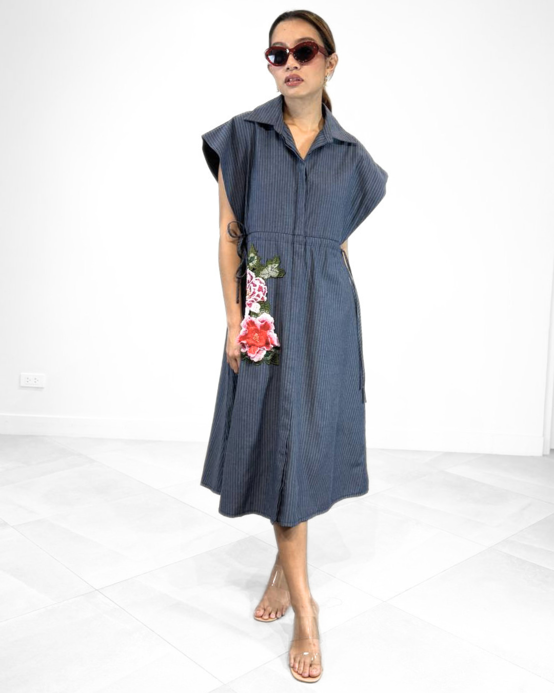 Flora Appliqué Pinstripes Dress