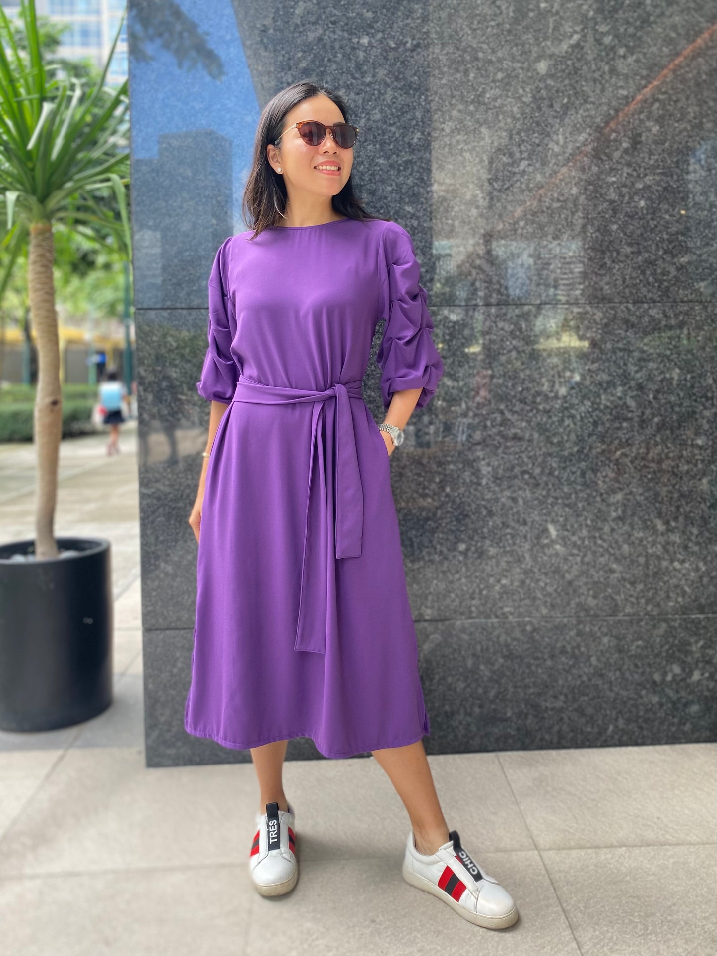 Inez (Plus Size) Tuck Sleeve Dress (Sash Included)