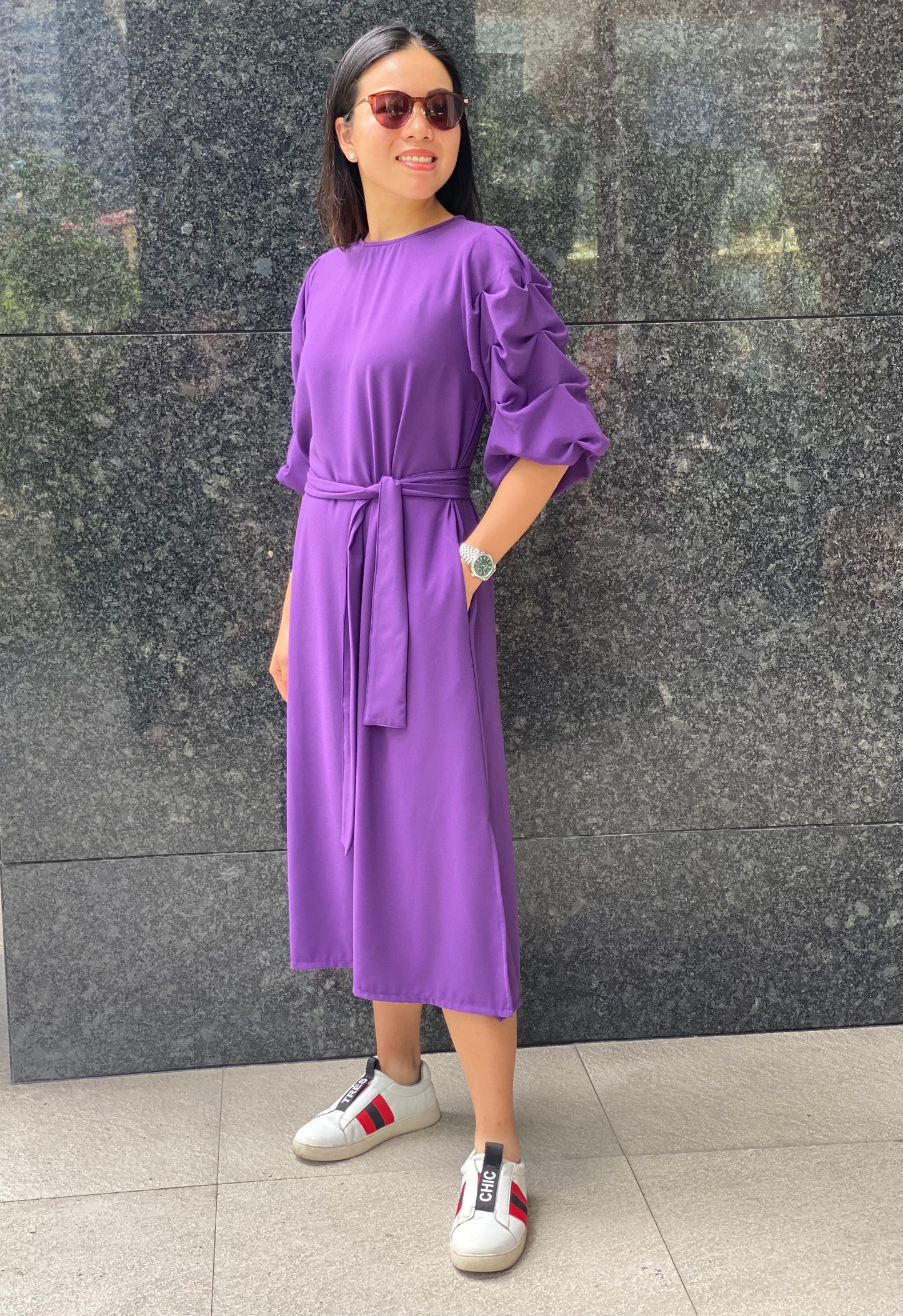 Inez (Plus Size) Tuck Sleeve Dress (Sash Included)