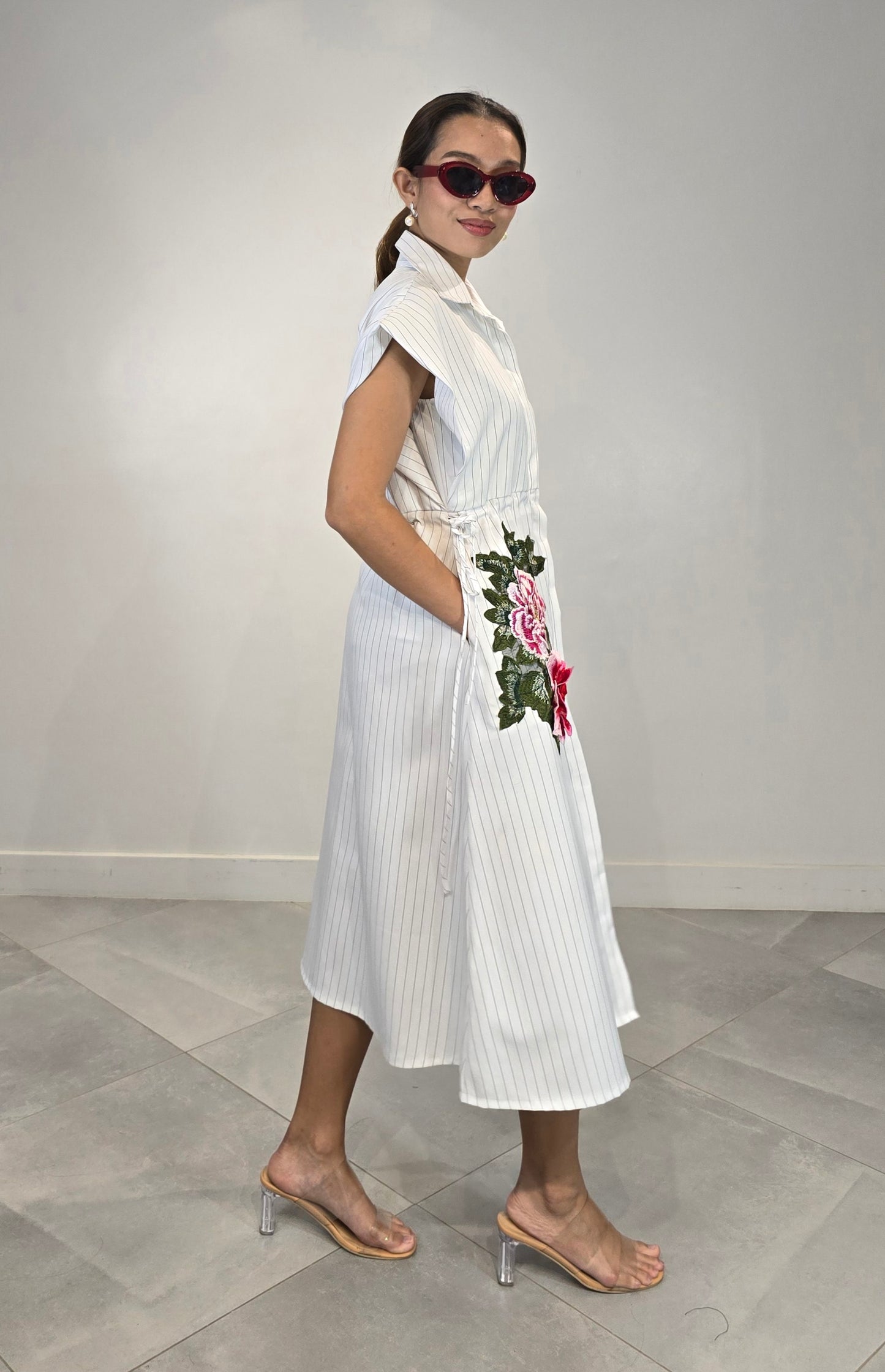 Flora Appliqué Pinstripes Dress