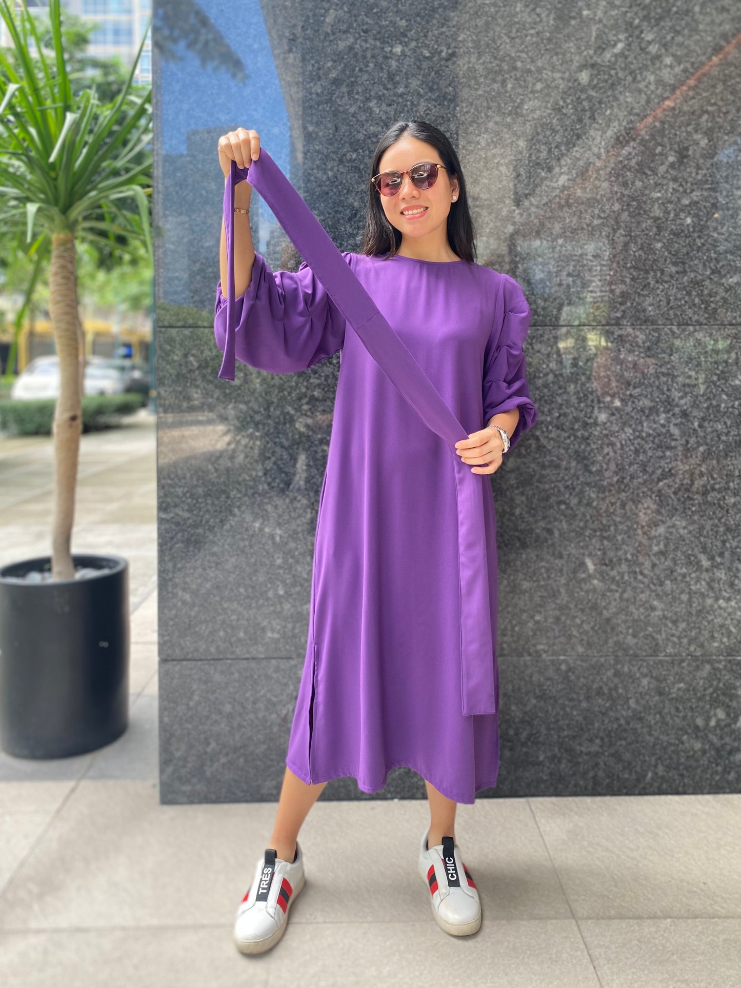 Inez (Plus Size) Tuck Sleeve Dress (Sash Included)