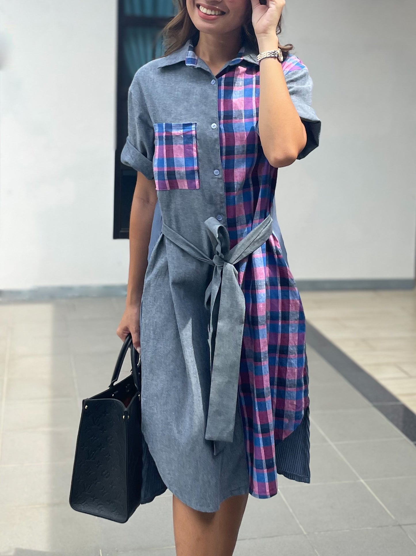 Olivia (Plus Size) Pleated Shirt Dress- Sash Included