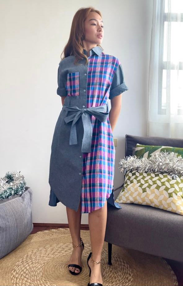 Olivia (Plus Size) Pleated Shirt Dress- Sash Included