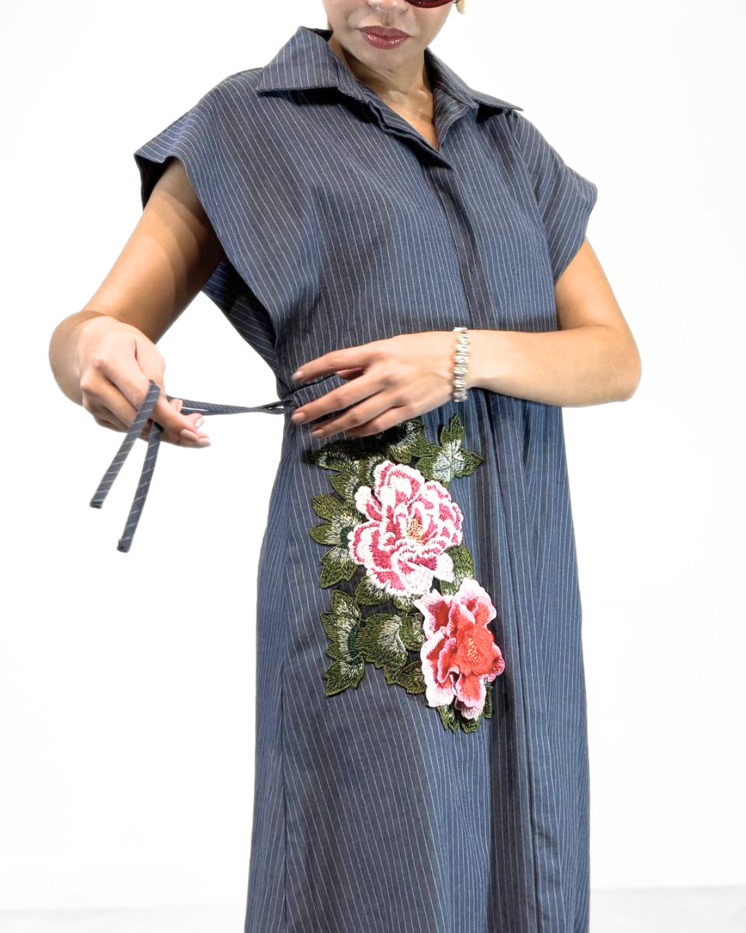 Flora Appliqué Pinstripes Dress