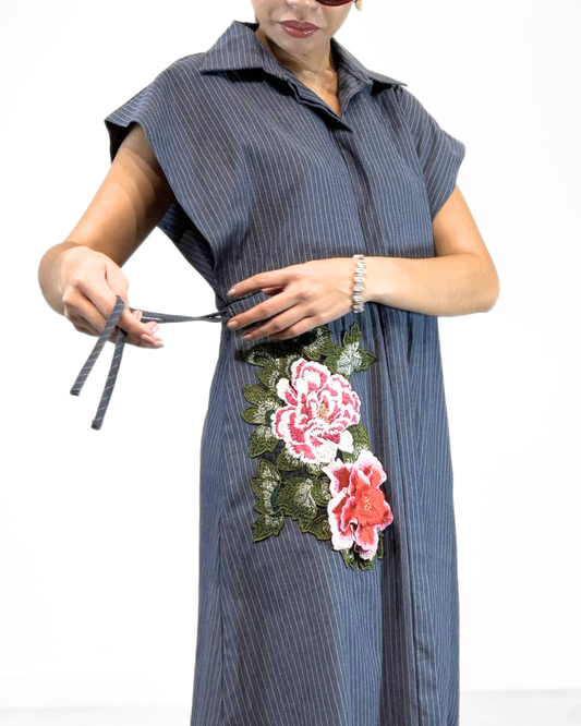 Flora Appliqué Pinstripes Dress