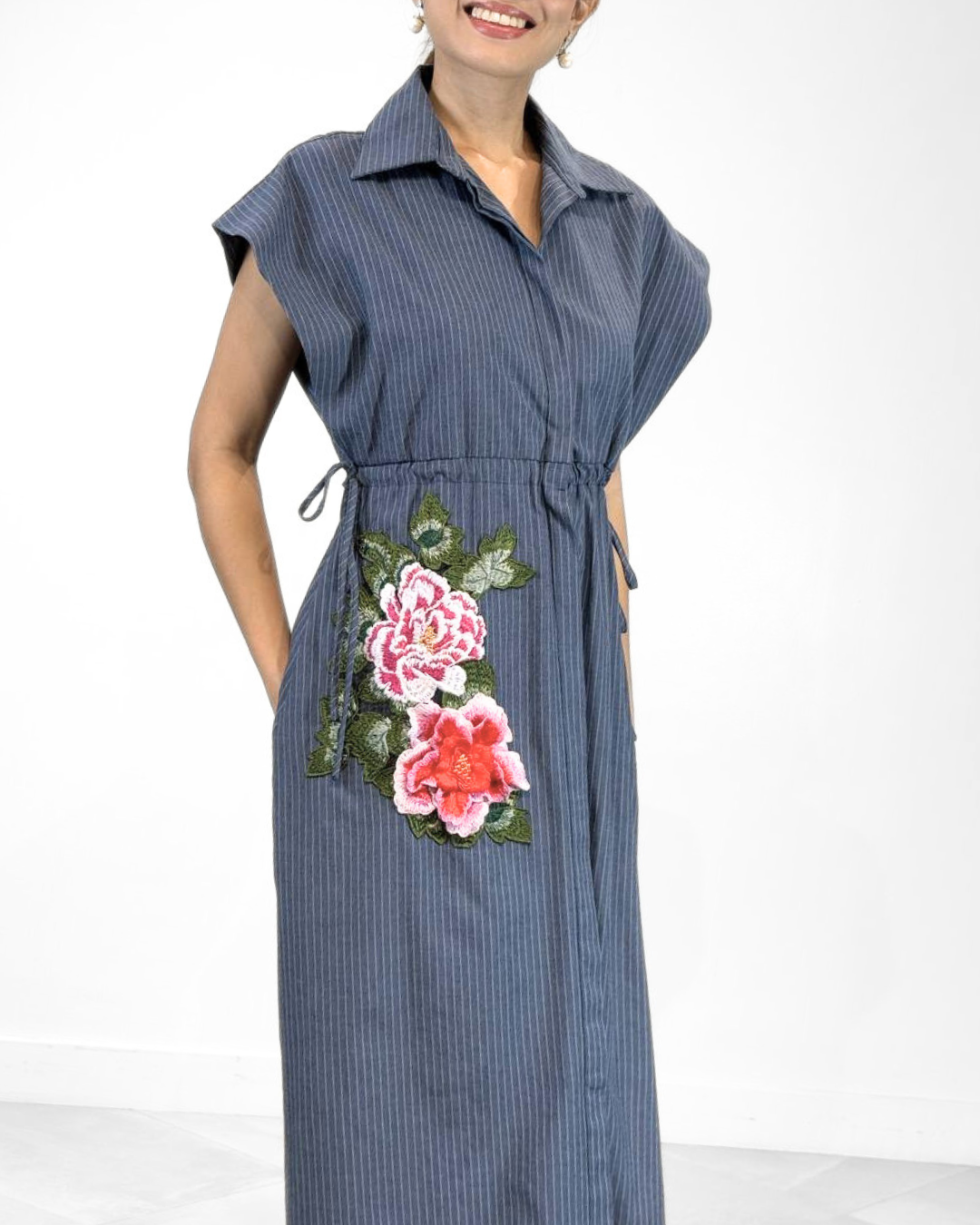 Flora Appliqué Pinstripes Dress