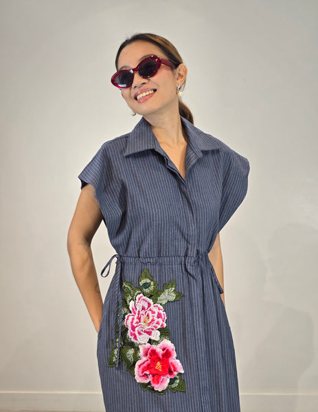 Flora Appliqué Pinstripes Dress