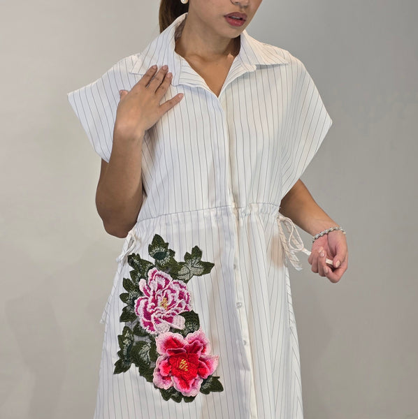 Flora Appliqué Pinstripes Dress