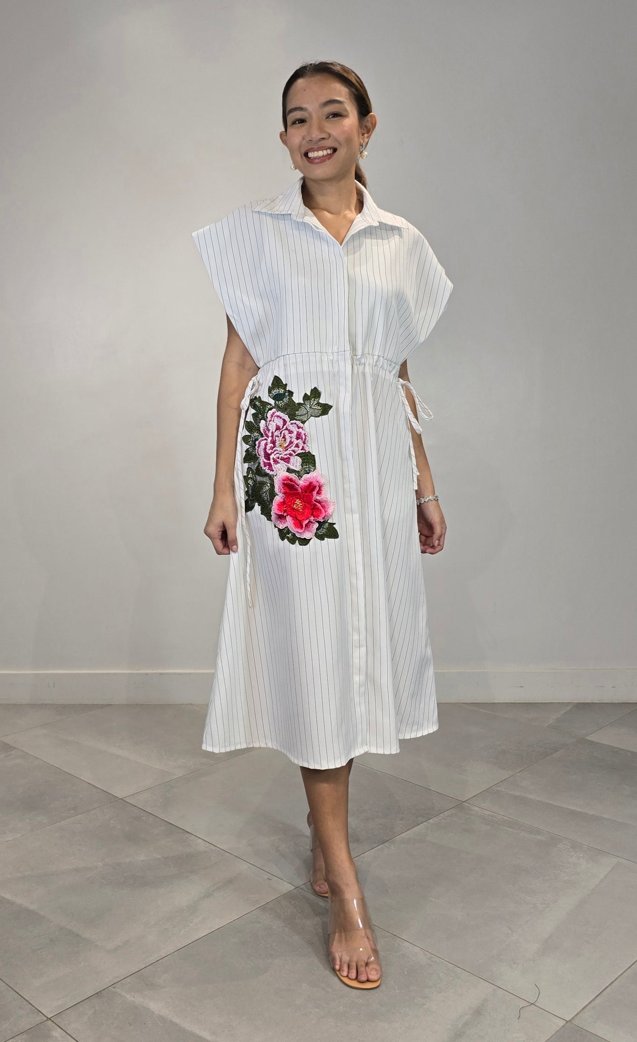 Flora Appliqué Pinstripes Dress