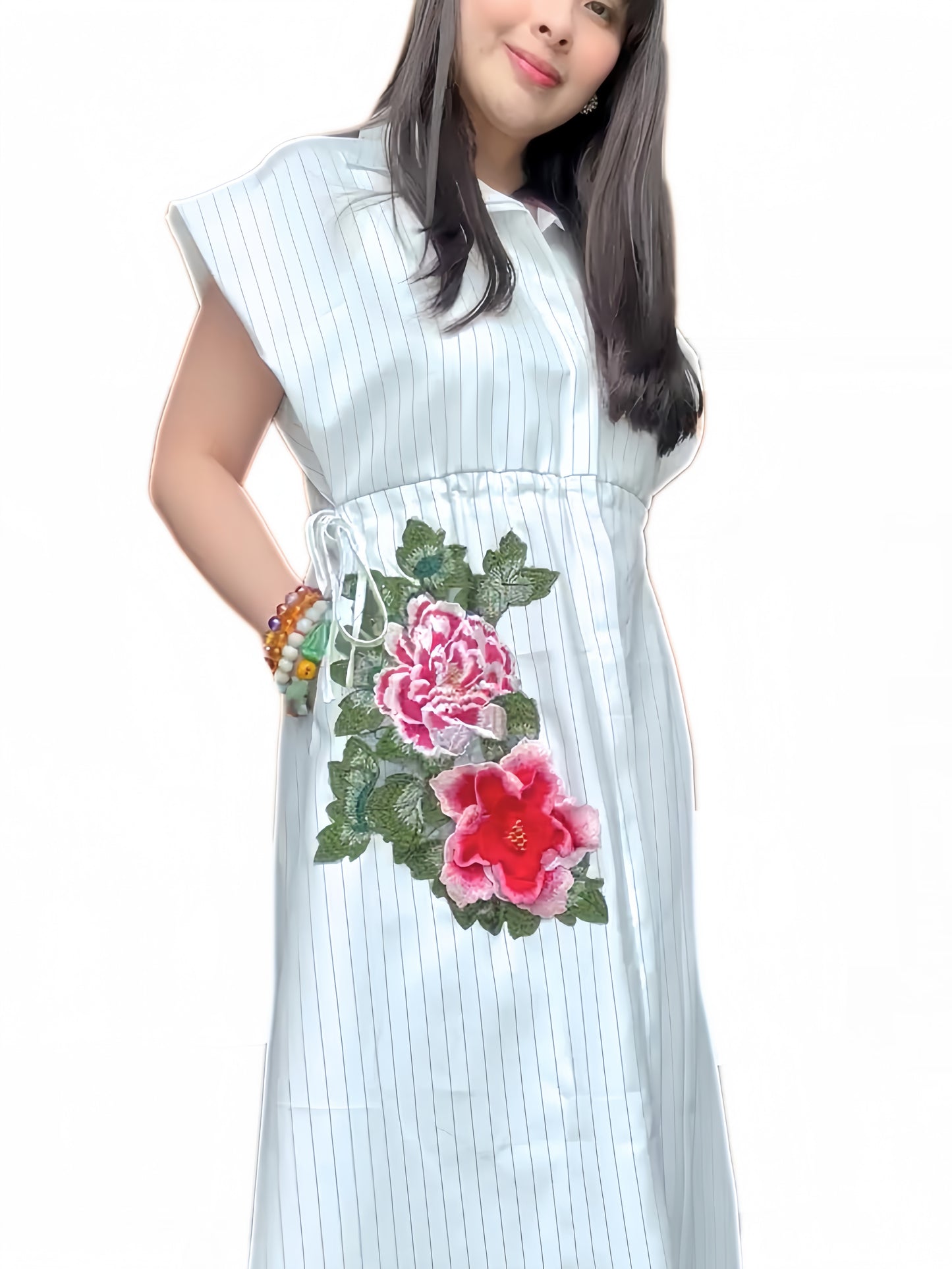 Flora Appliqué Pinstripes Dress