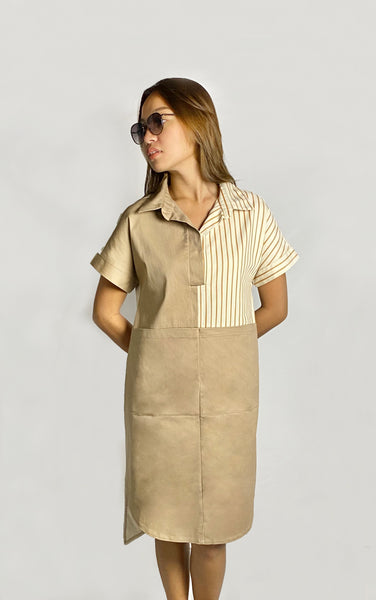Alexa 2 Tone Pinstripe Apron Shirt Dress